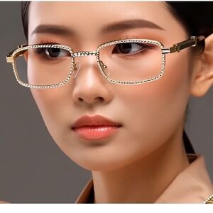 Rhinestone Glasses Gold Frame Clear Lens Fashion Eye Glasses Hip Hop Style Gafas
